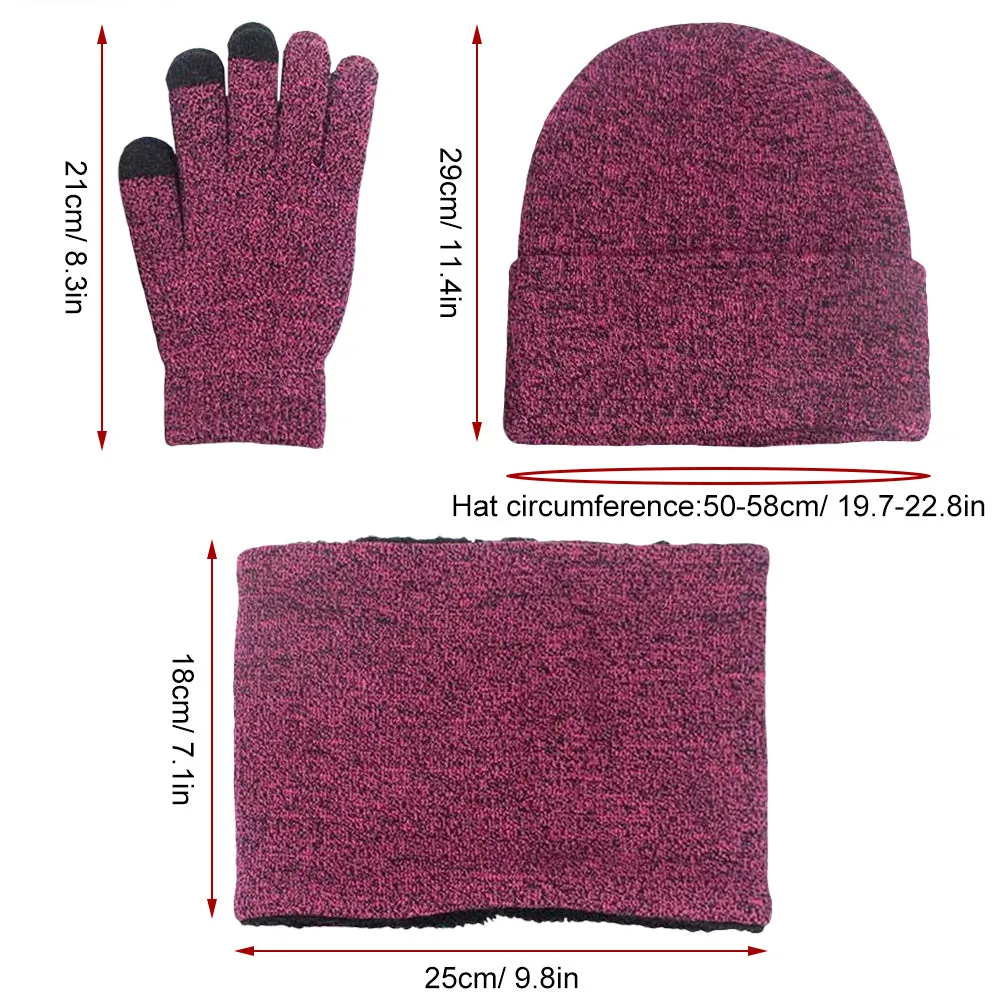 3Pcs Winter Knitted Hat Scarf Gloves Set Fleece Lined Warm Beanie Touch Screen Gloves for Women Men Outdoor Cycling Skiing