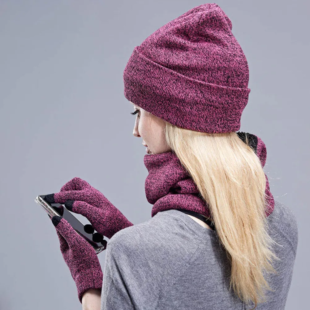 3Pcs Winter Knitted Hat Scarf Gloves Set Fleece Lined Warm Beanie Touch Screen Gloves for Women Men Outdoor Cycling Skiing