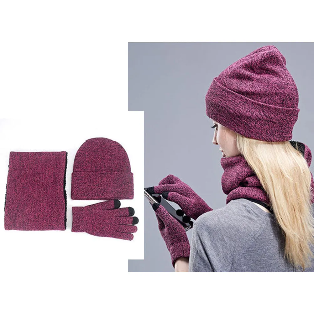 3Pcs Winter Knitted Hat Scarf Gloves Set Fleece Lined Warm Beanie Touch Screen Gloves for Women Men Outdoor Cycling Skiing