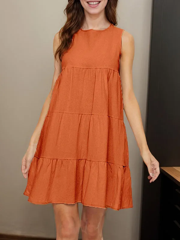A-Line Loose Pleated Solid Color Split-Joint Round-Neck Mini Dresses