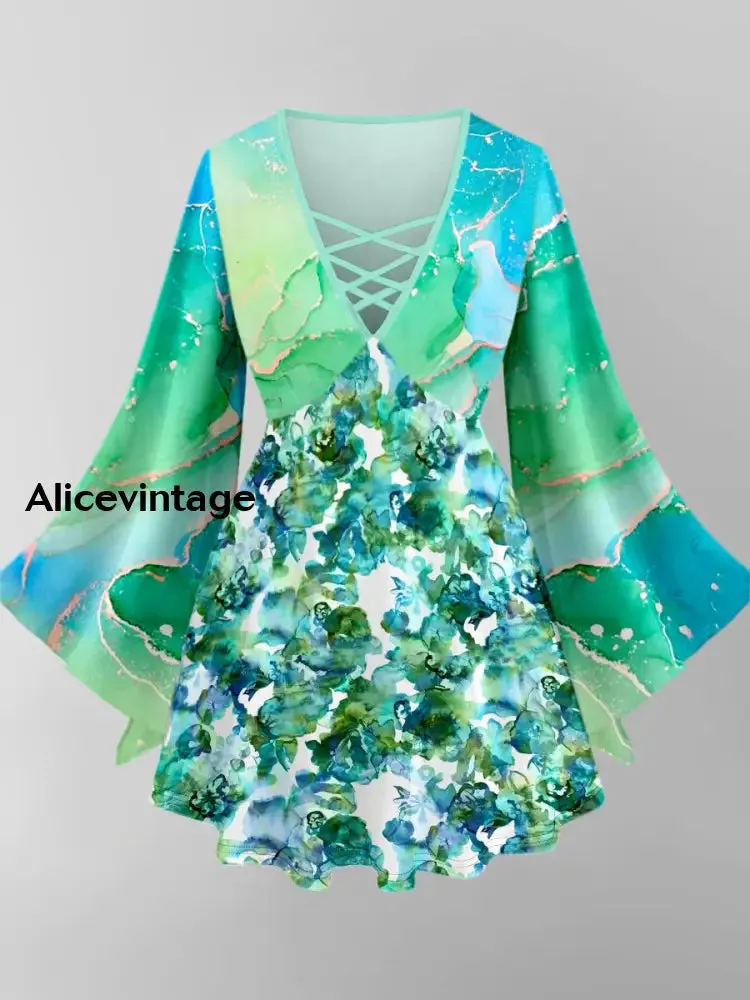 Abstract Color Art Print V-Neck Long Sleeve Top