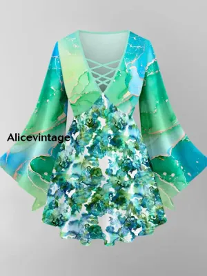 Abstract Color Art Print V-Neck Long Sleeve Top