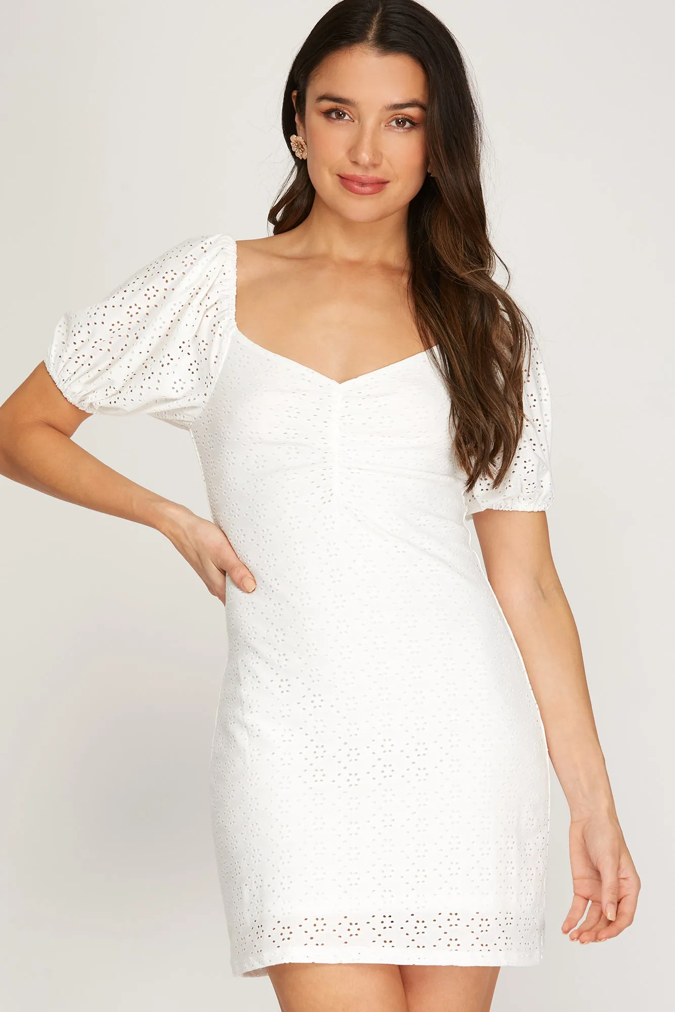 AMAYA WHITE SHORT SLEEVE EYELET LACE MINI DRESS