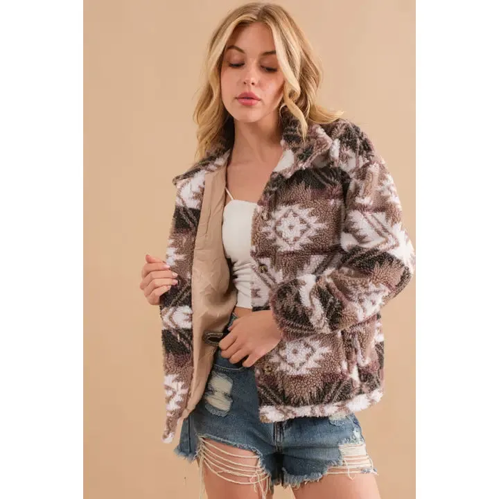 Aztec Printed Mock Neck Button Front Jacket
