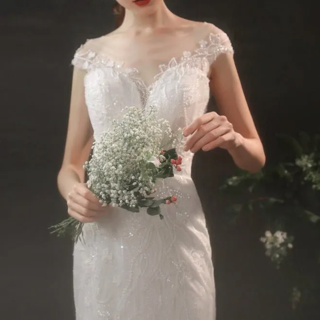 Beaded lace slim and simple fishtail light wedding dress