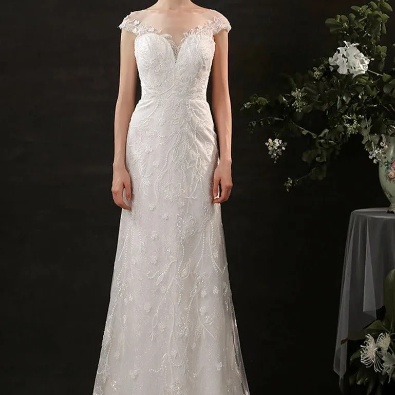 Beaded lace slim and simple fishtail light wedding dress
