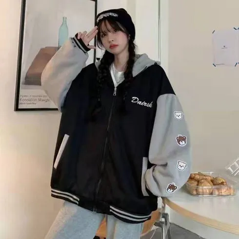 Bear Sleeve Printed Hooded Baseball Jackets
