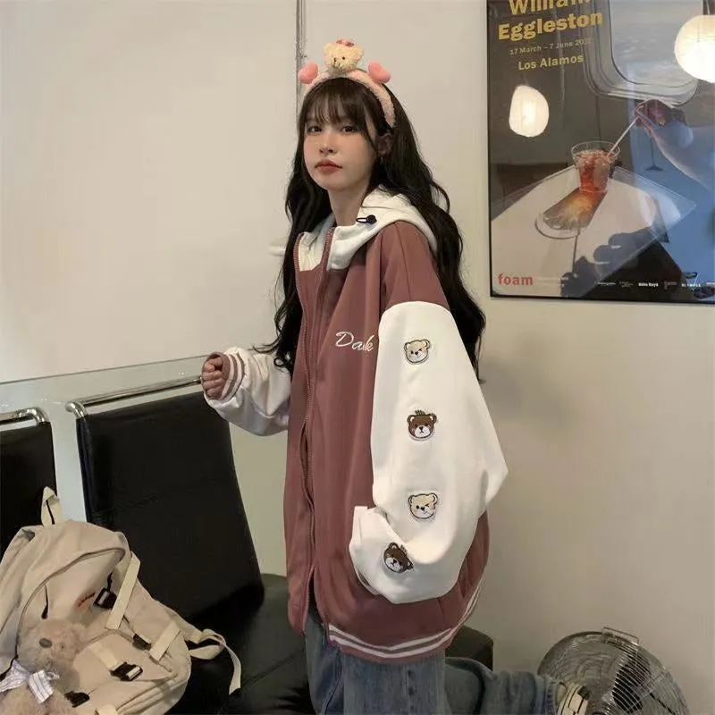 Bear Sleeve Printed Hooded Baseball Jackets