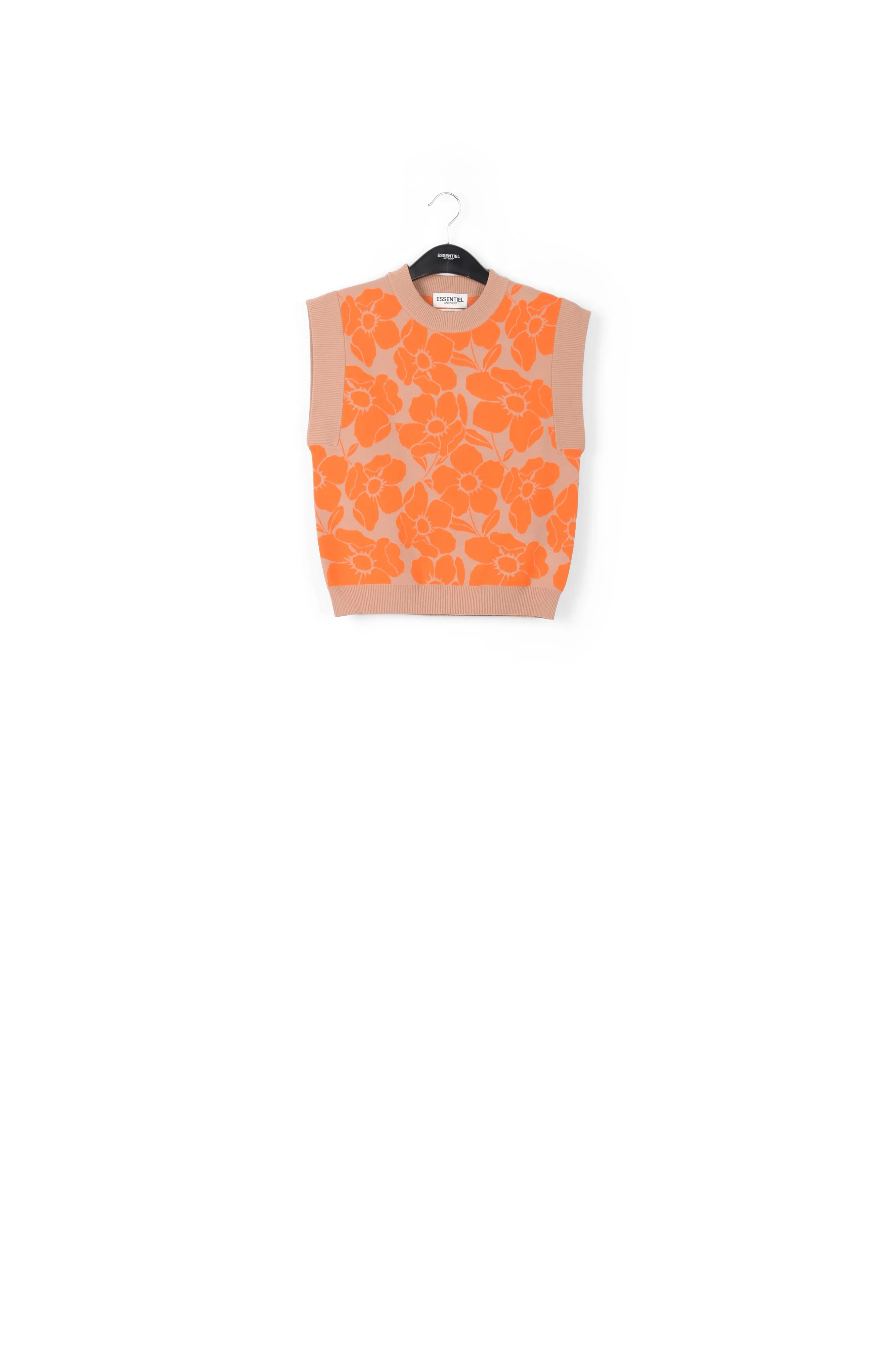Beige and orange floral jacquard-knit sleeveless top
