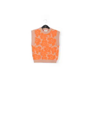 Beige and orange floral jacquard-knit sleeveless top
