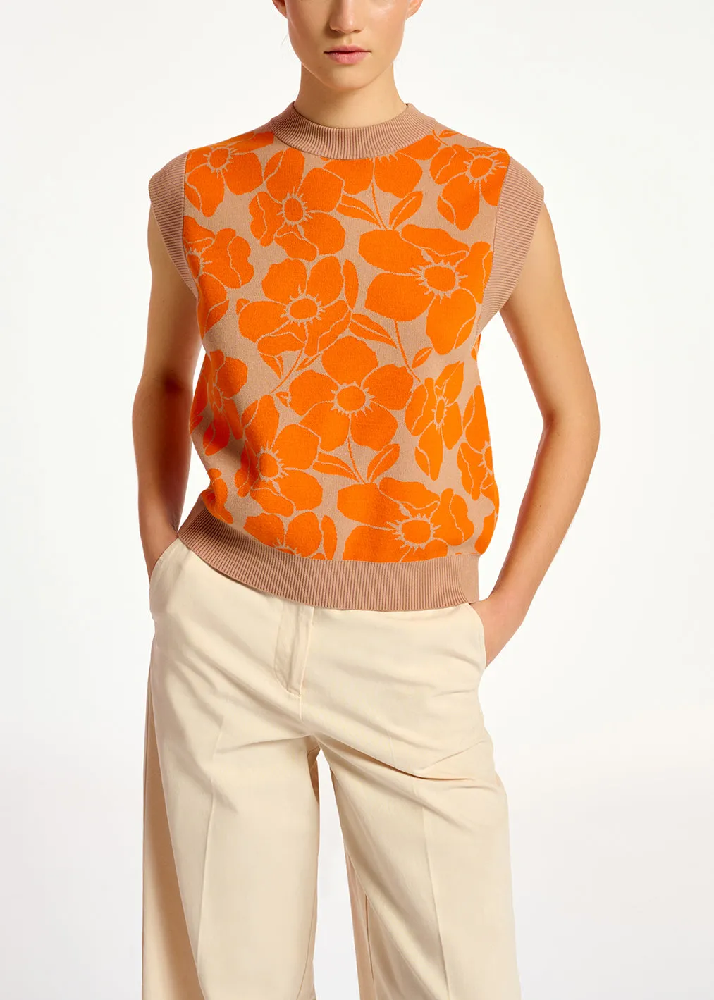 Beige and orange floral jacquard-knit sleeveless top