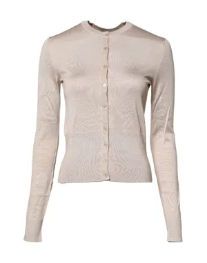 Beige Silk Button Down Cardigan Sweater