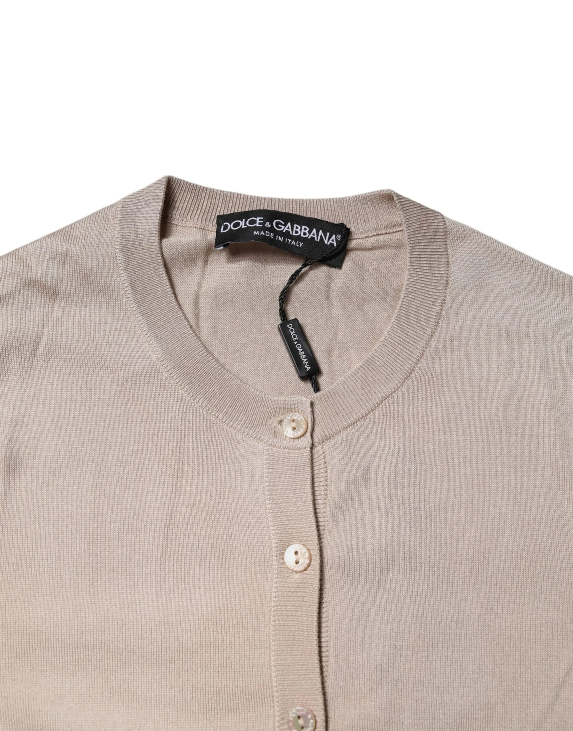 Beige Silk Button Down Cardigan Sweater