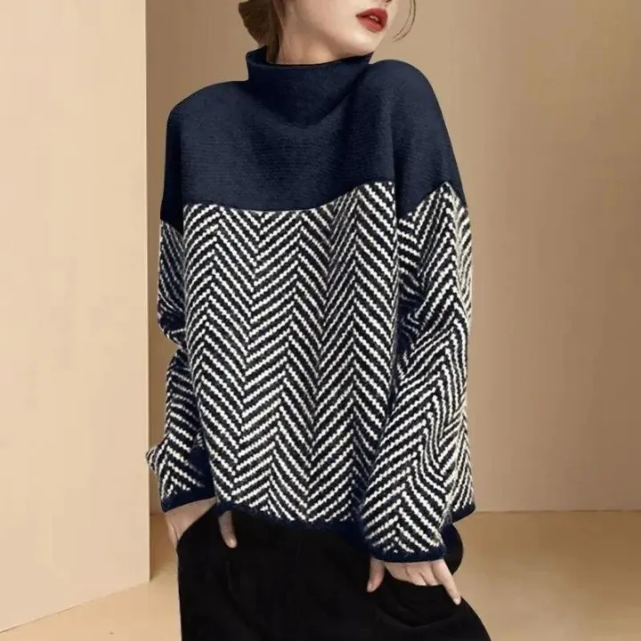 Beiger Zweifarbiger Rollkragenpullover – Clara