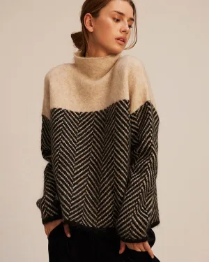 Beiger Zweifarbiger Rollkragenpullover – Clara