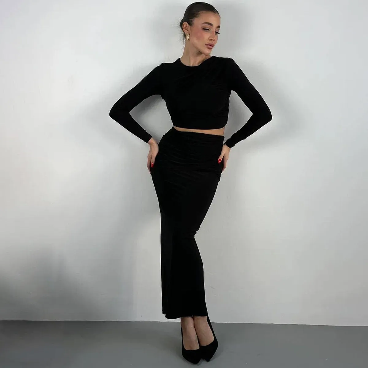 Black Fitted Top With Fitted Skirt