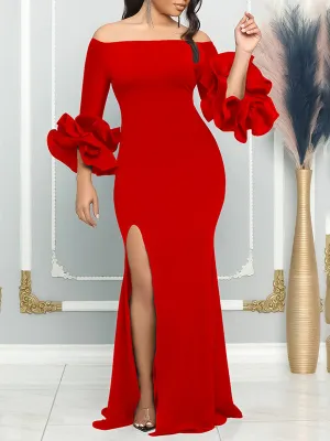 Bodycon Flared Sleeves Falbala Solid Color Split-side Off-the-shoulder Maxi Dresses