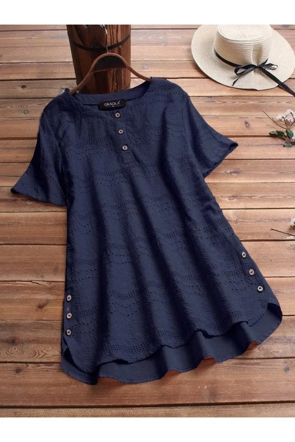Bohemian-style embroidered casual blouse with short sleeves and button fastening