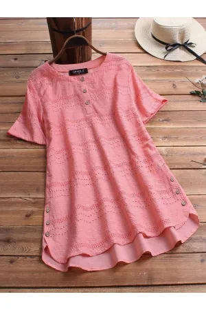 Bohemian-style embroidered casual blouse with short sleeves and button fastening