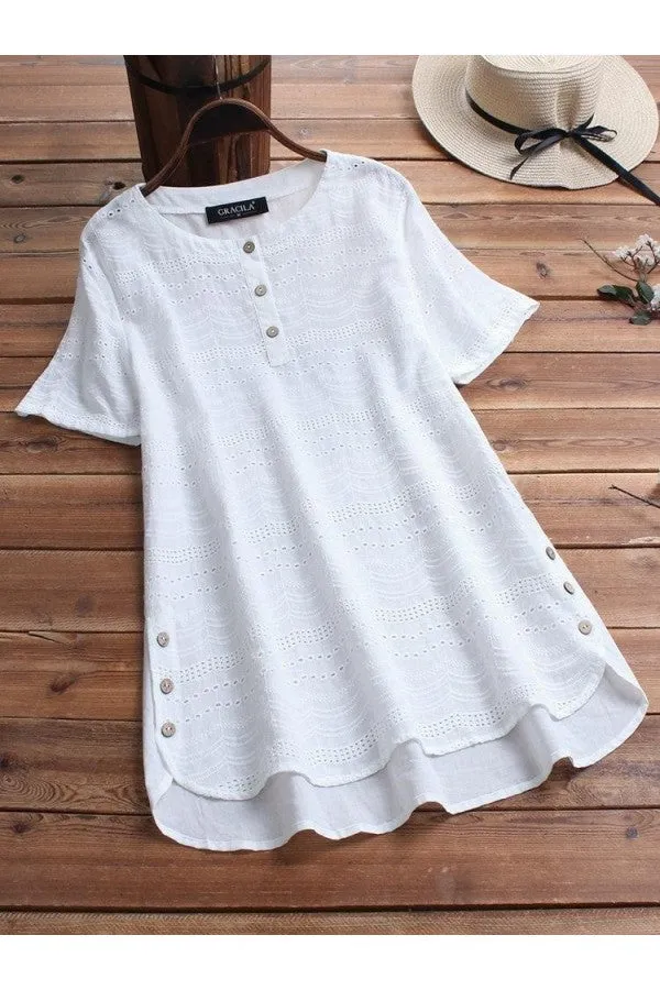 Bohemian-style embroidered casual blouse with short sleeves and button fastening