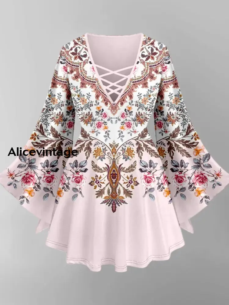 Boho Floral Art Print V-Neck Long Sleeve Top