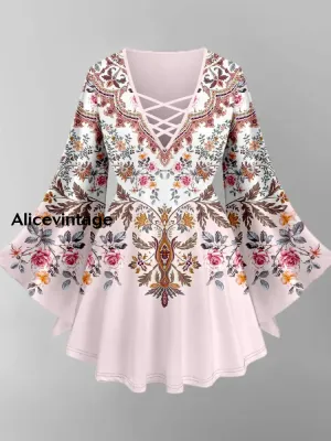 Boho Floral Art Print V-Neck Long Sleeve Top
