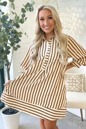 Brown Stripe Collared Button Up Dress