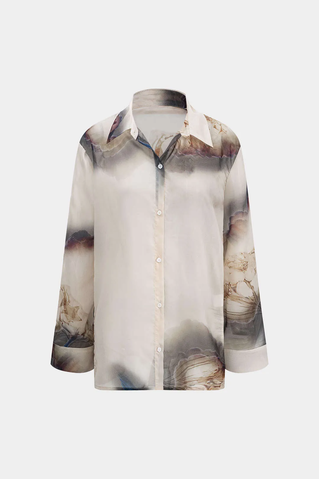 Calla - Elegant Abstract Print Woman's Chiffon Button Shirt