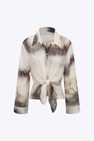 Calla - Elegant Abstract Print Woman's Chiffon Button Shirt
