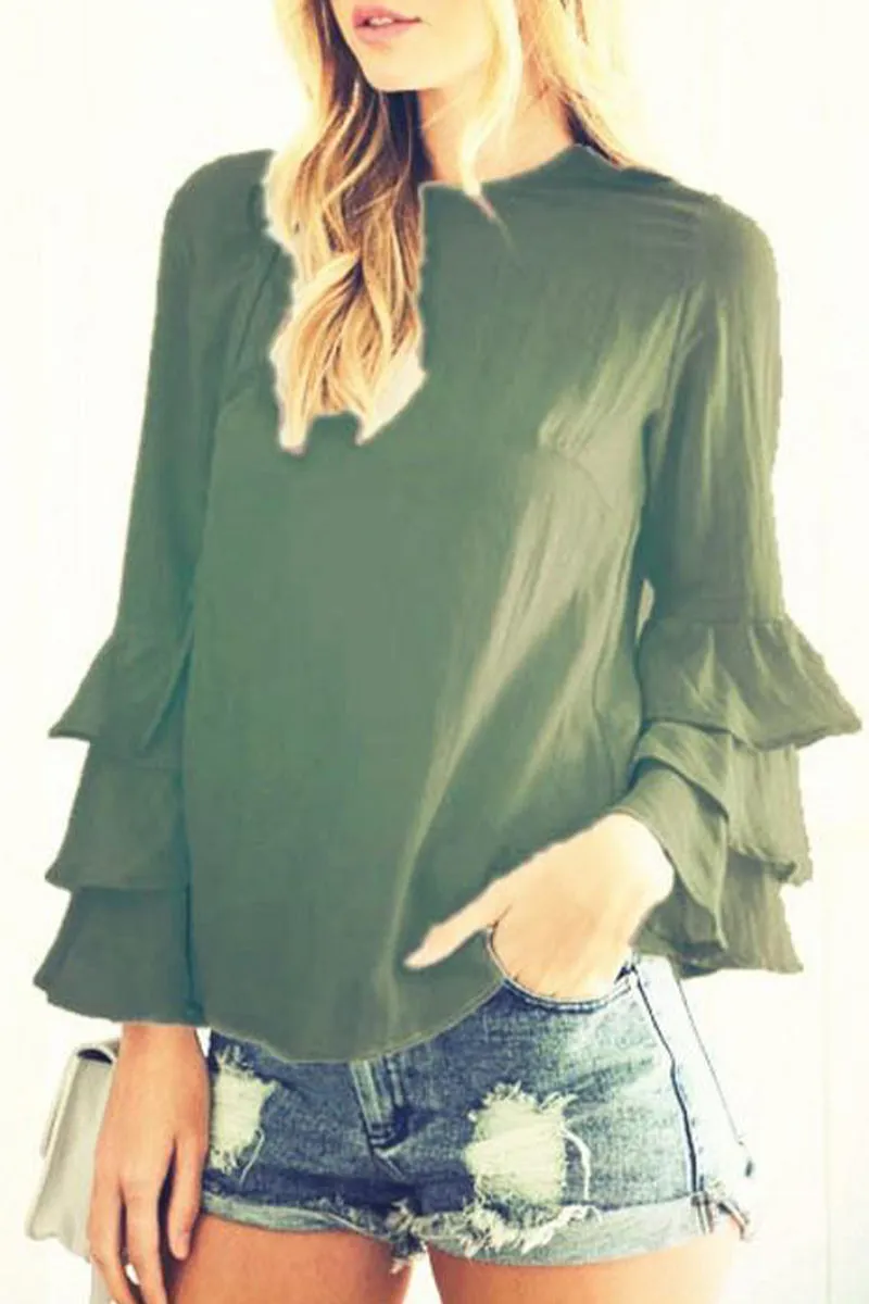 Casual Solid Flounce O Neck Blouses (9 Colors)