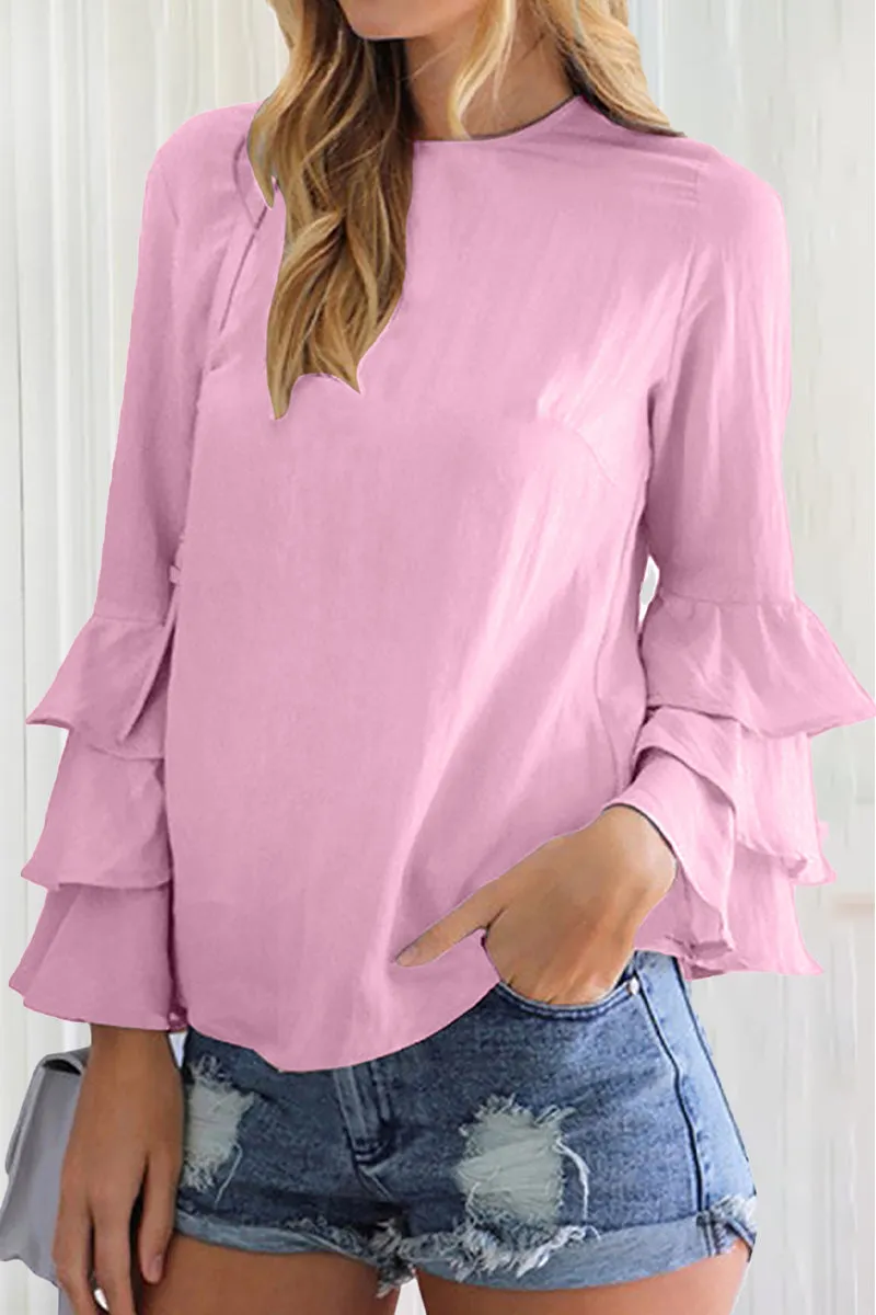 Casual Solid Flounce O Neck Blouses (9 Colors)
