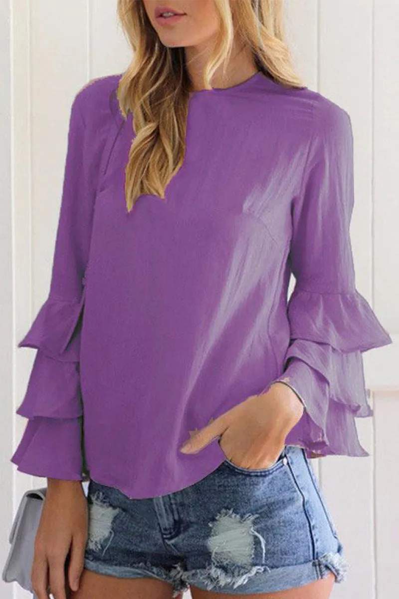 Casual Solid Flounce O Neck Blouses (9 Colors)