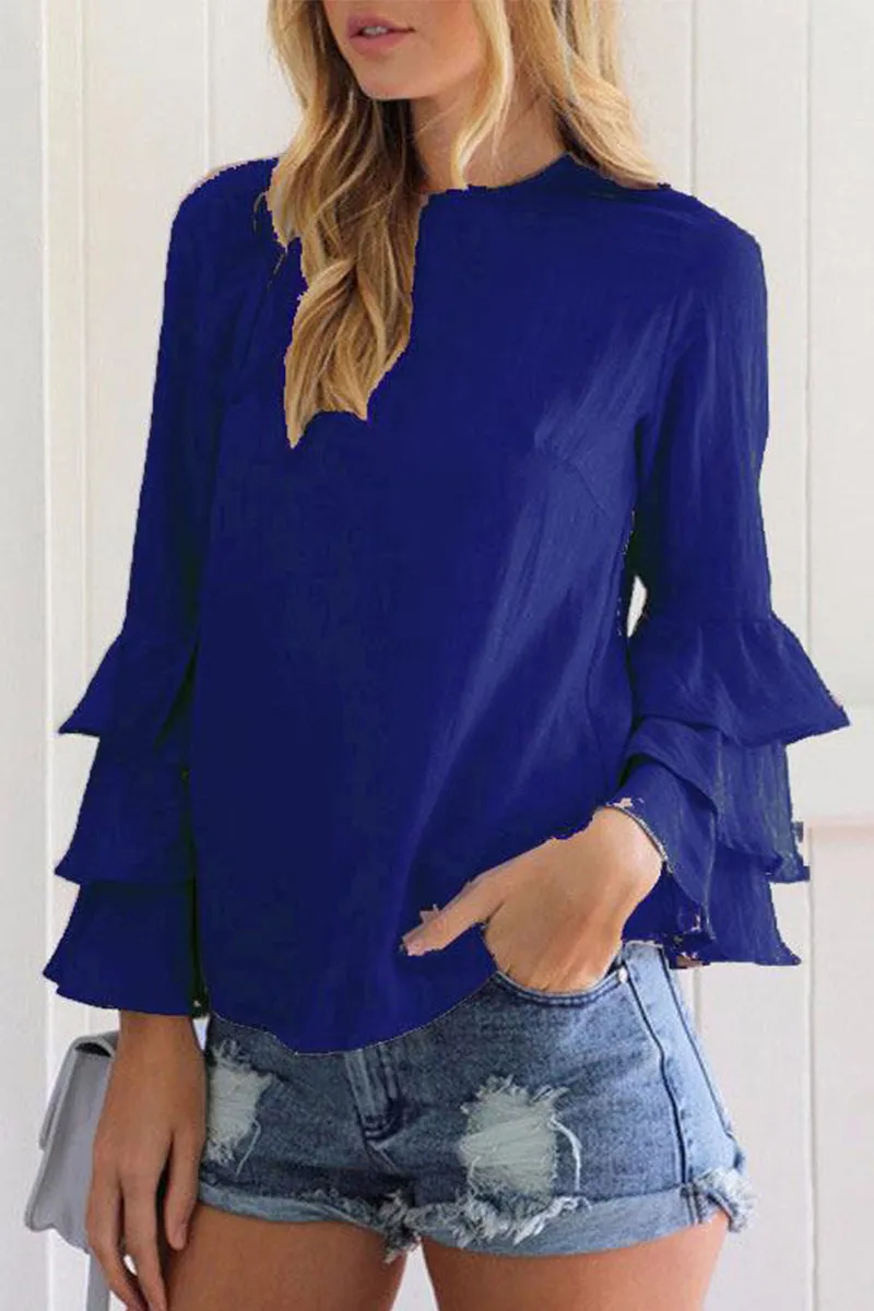 Casual Solid Flounce O Neck Blouses (9 Colors)
