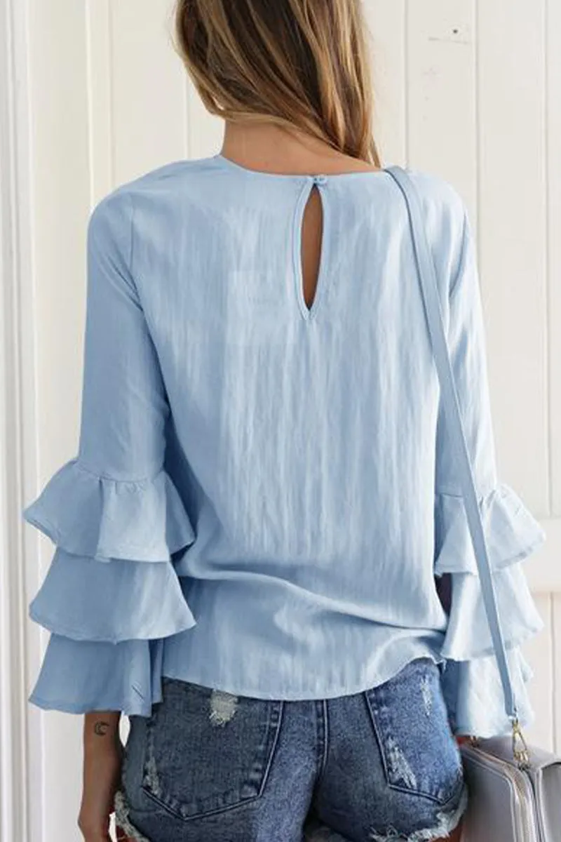 Casual Solid Flounce O Neck Blouses (9 Colors)