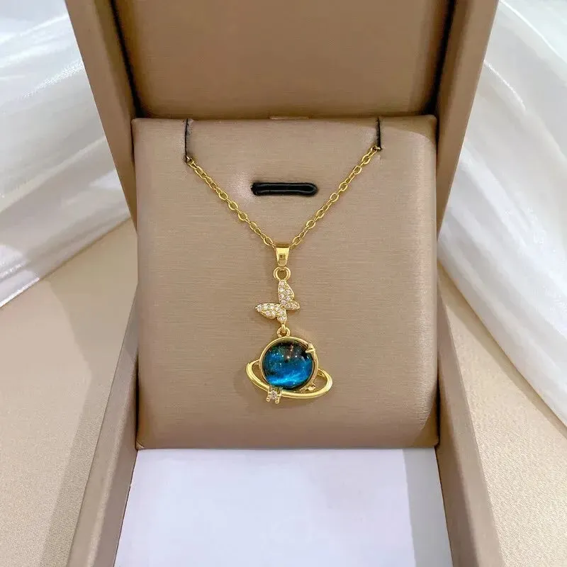Celestial Orbit Necklace With Galaxy Stone And Butterfly Detail
