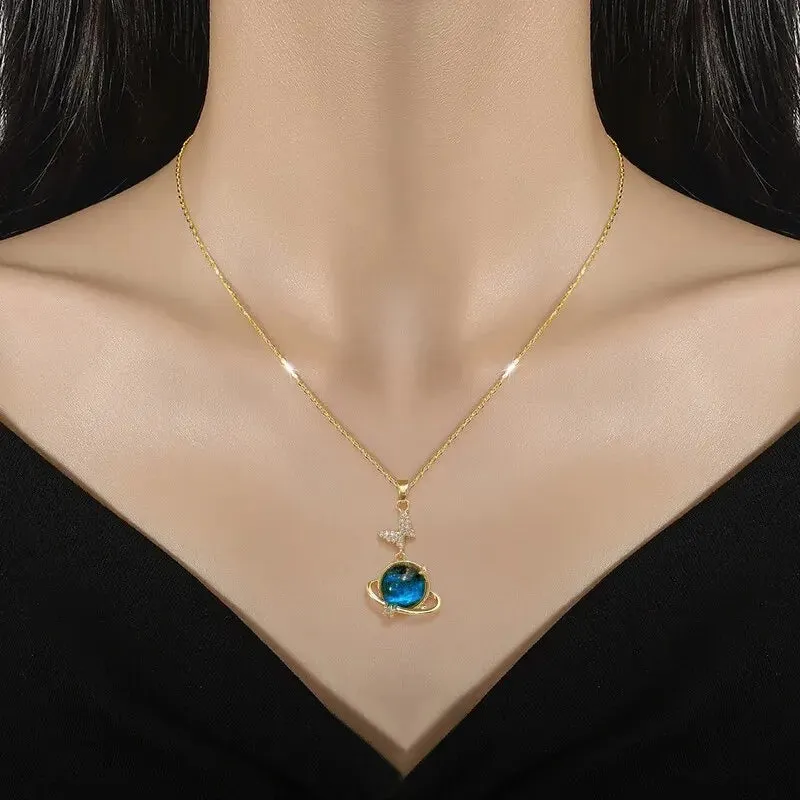 Celestial Orbit Necklace With Galaxy Stone And Butterfly Detail