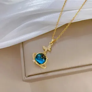 Celestial Orbit Necklace With Galaxy Stone And Butterfly Detail