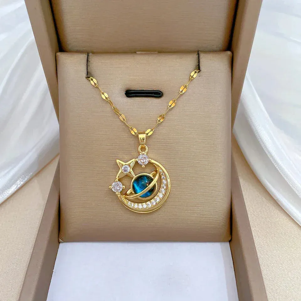 Celestial Orbit Necklace With Galaxy Stone And Butterfly Detail