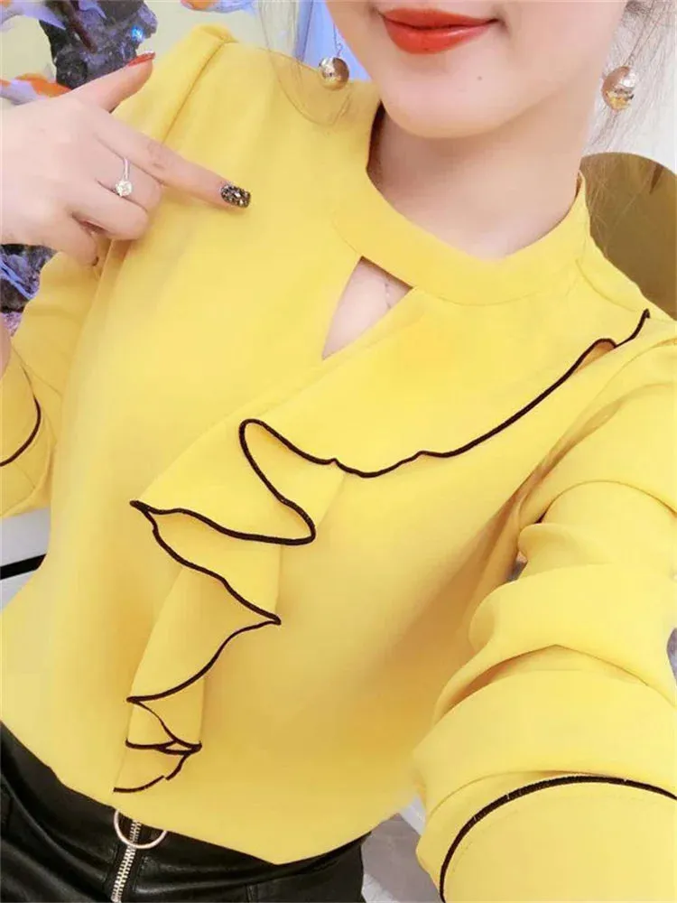 Chic Chiffon Blouses with Ruffles & Stand Collar