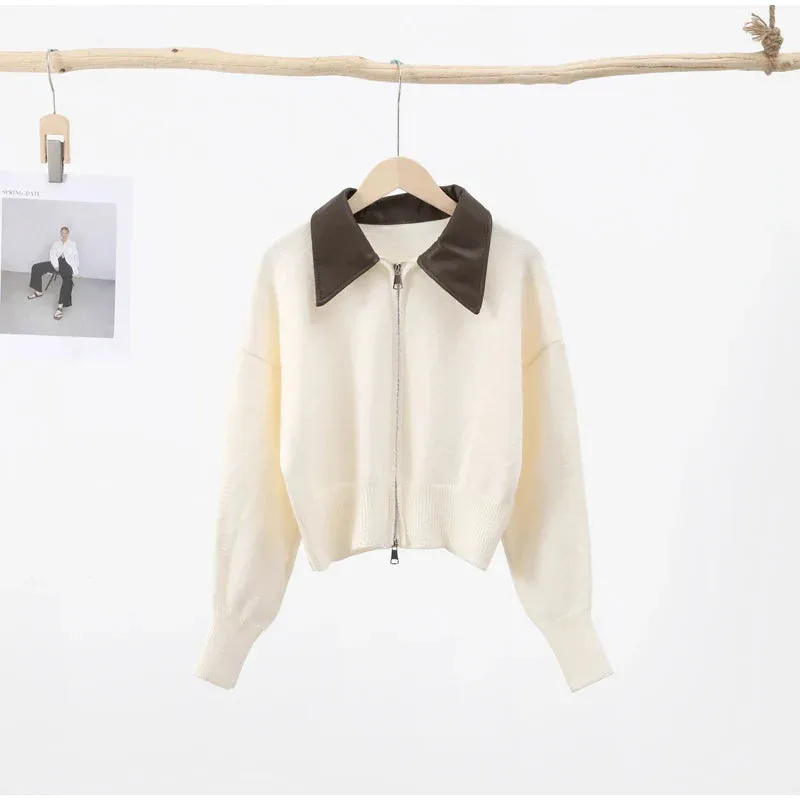 Chic Knitted Cardigan: PU Collar, Loose Sweater for 2024 Autumn