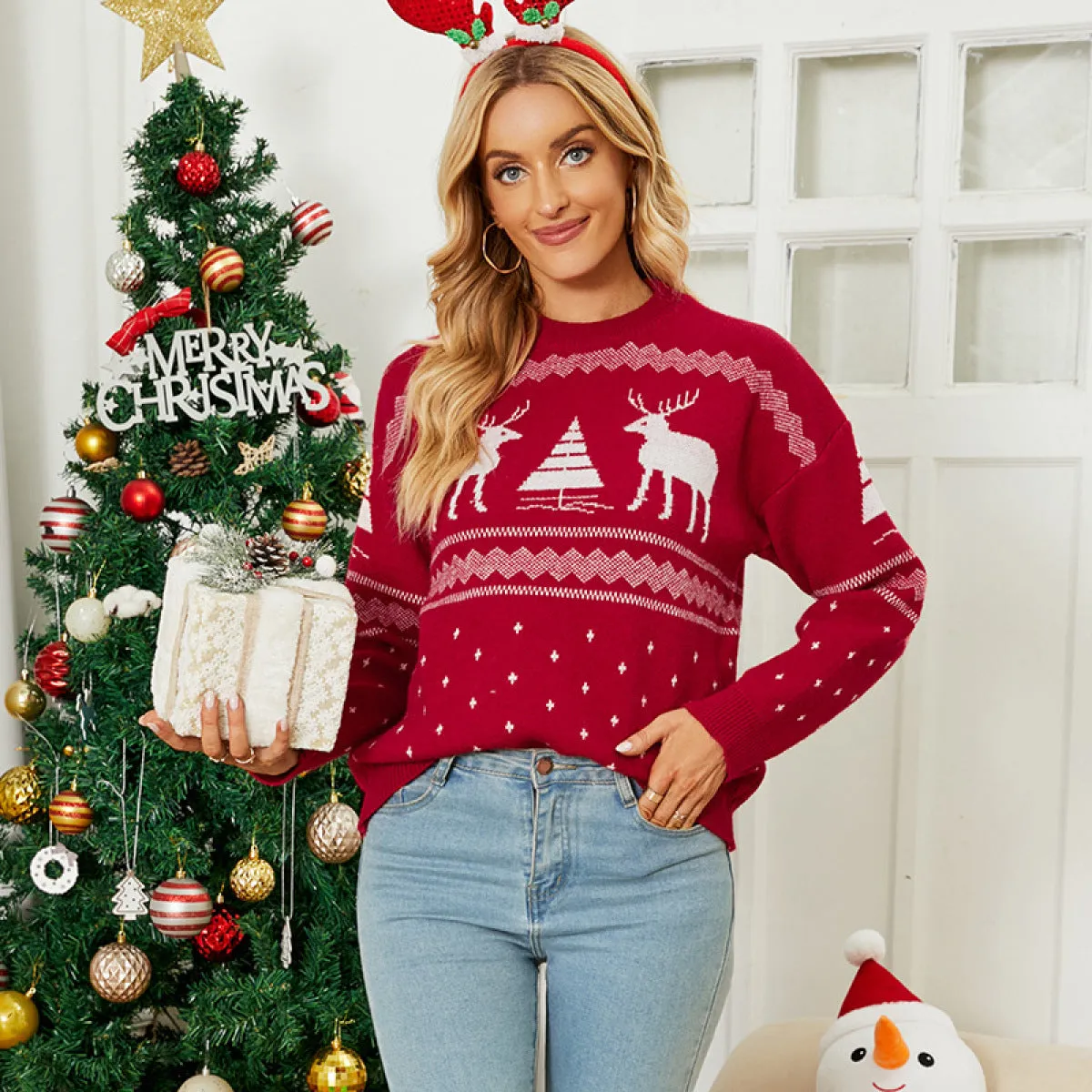 Christmas Jacquard Crew Neck Knitted Pullover Sweaters