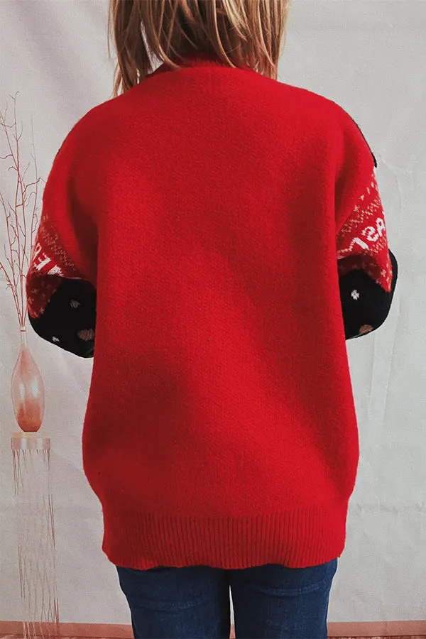 Christmas Pattern Knitted Crew Neck Long Sleeved Sweater