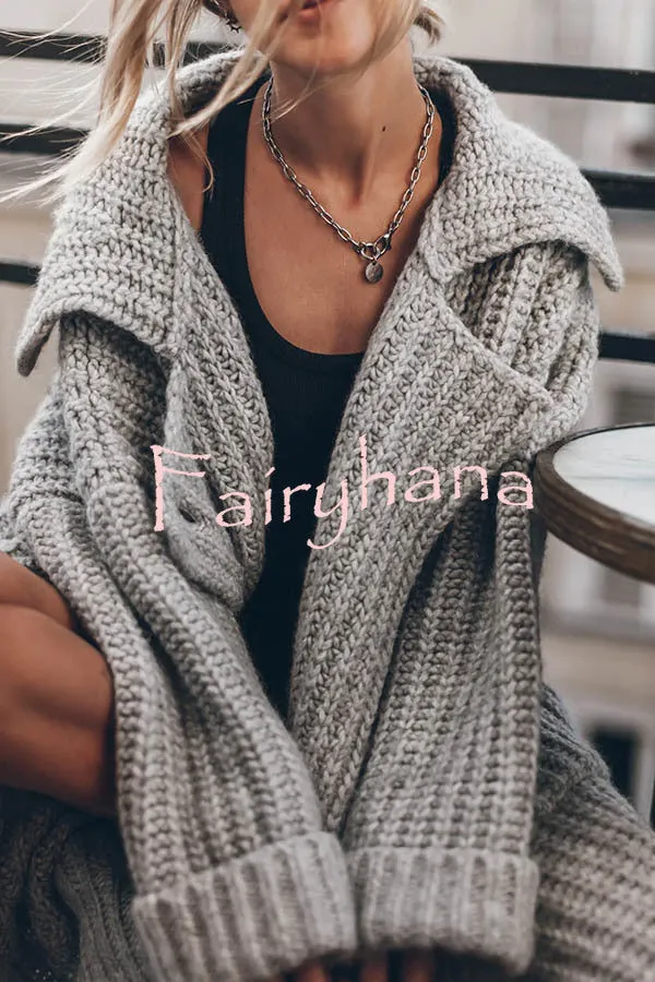 Chunky and Warm Knit Button Pocketed Oversized Midi Cardigan
