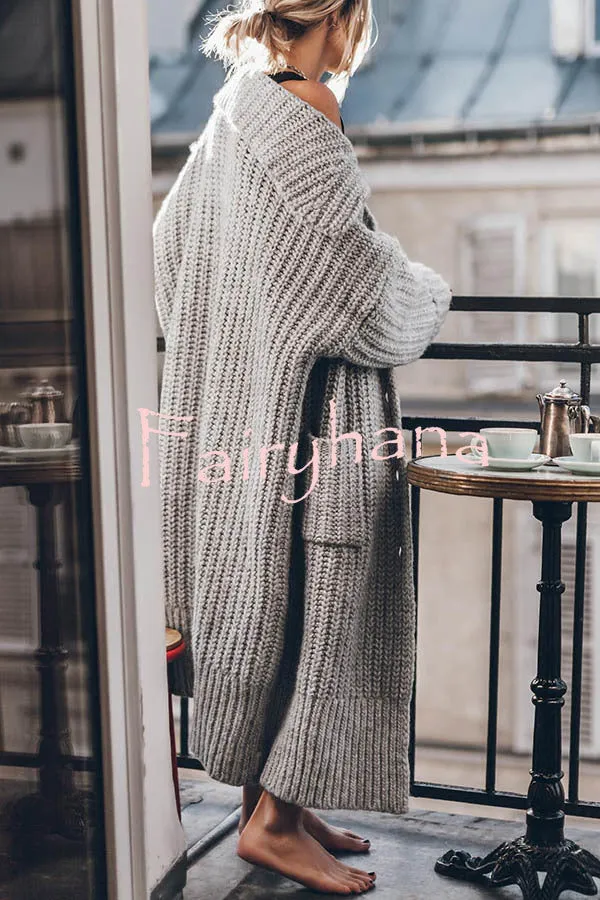 Chunky and Warm Knit Button Pocketed Oversized Midi Cardigan