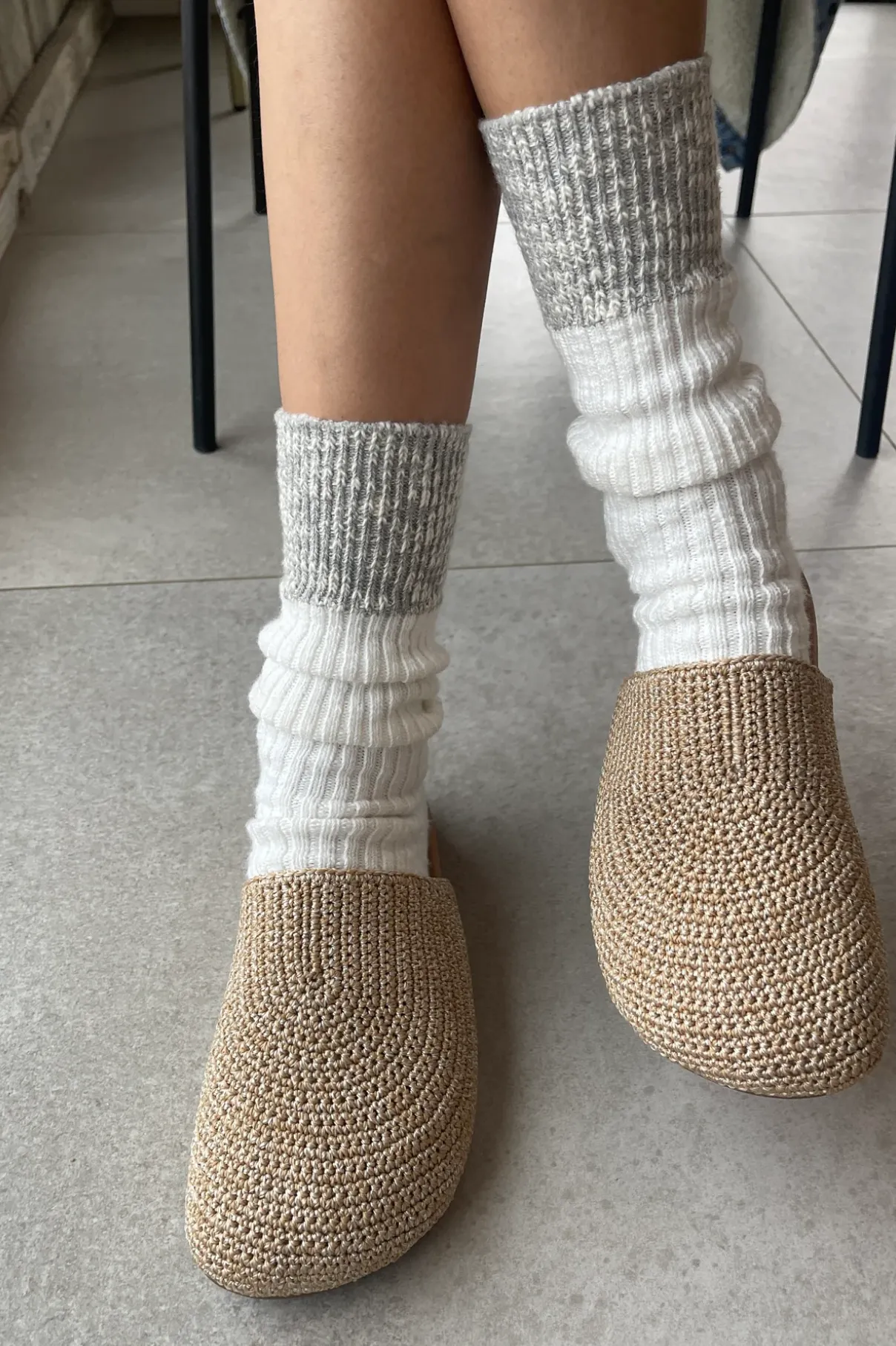 Colour Block Cottage Socks - White Linen/ Heather Grey