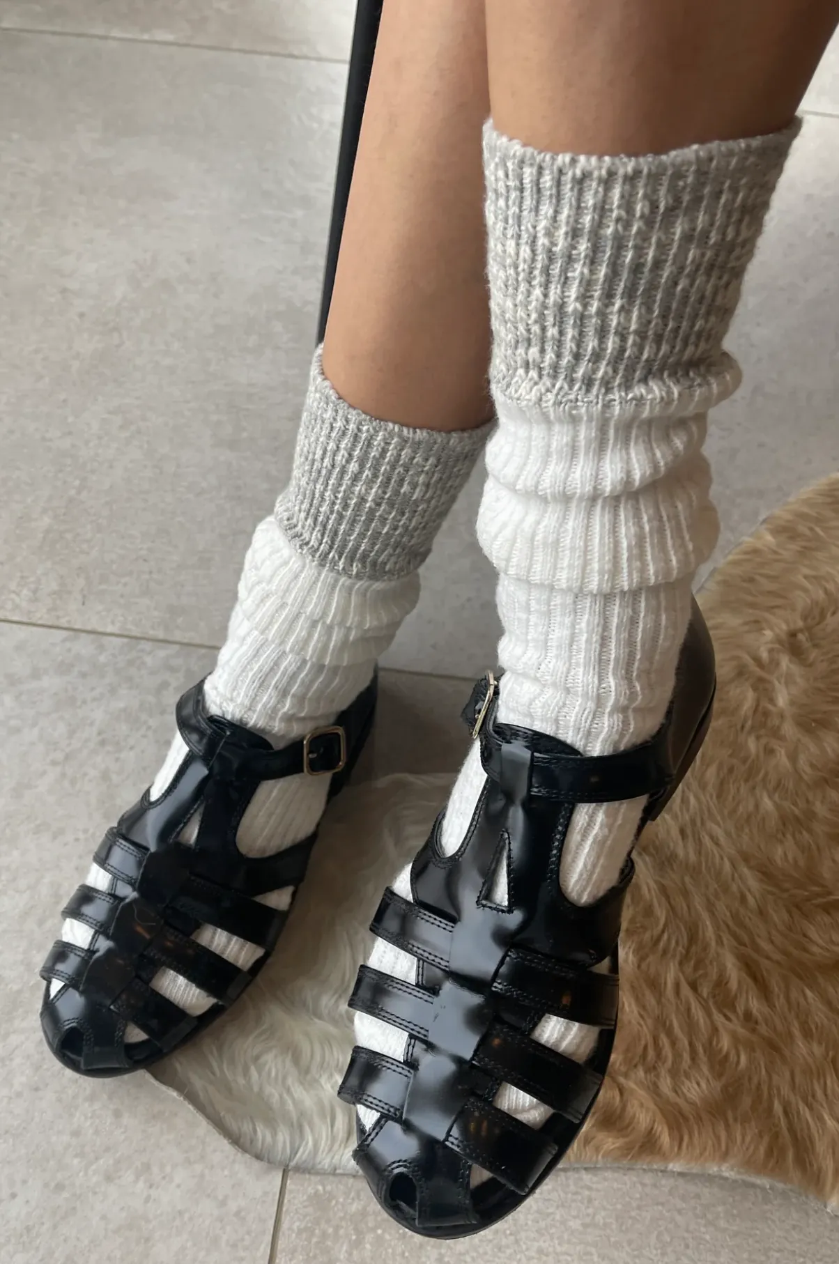 Colour Block Cottage Socks - White Linen/ Heather Grey