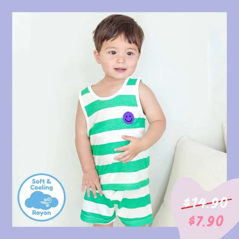 Cool Green Striped Smiley Sleeveless Set 2405U08