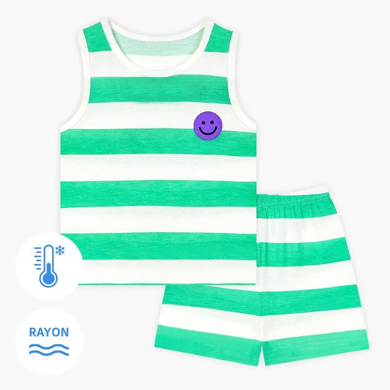 Cool Green Striped Smiley Sleeveless Set 2405U08