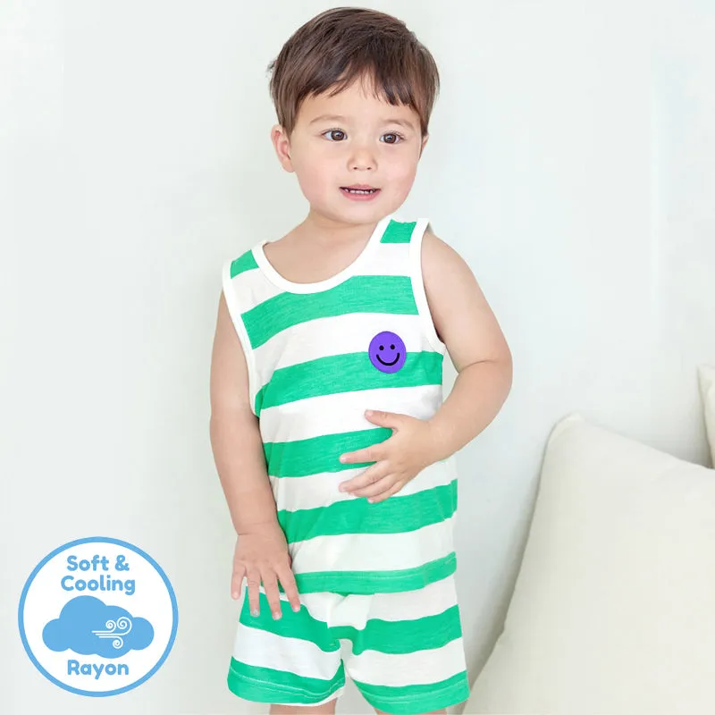 Cool Green Striped Smiley Sleeveless Set 2405U08