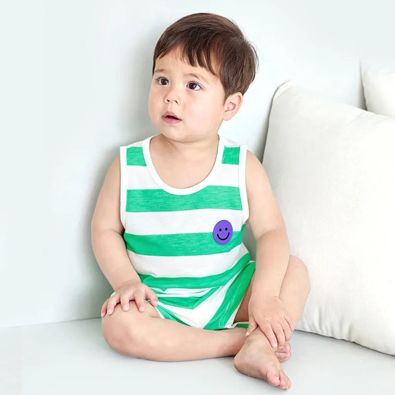 Cool Green Striped Smiley Sleeveless Set 2405U08